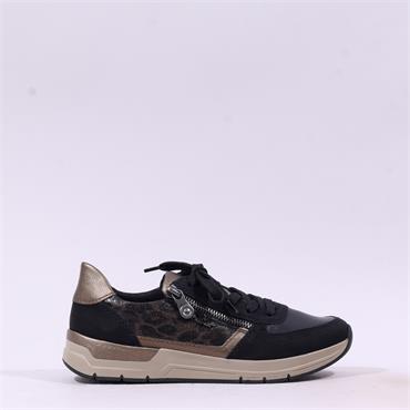 Rieker Laced Low Wedge Trainer Side Zip - Black Combi